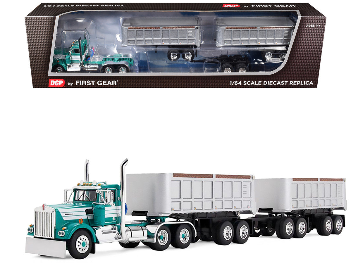 Kenworth W900A Day Cab with 22' Dual End Dump Trailers Turquoise with White Stripes 1/64 Diecast Model by DCP/First Gear by First Gear