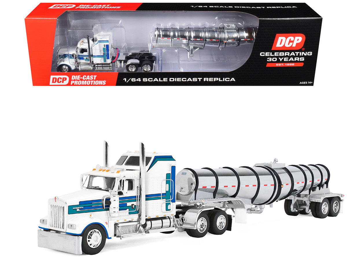 Kenworth W900L with 60" Aerodyne Sleeper and Polar Deep Drop Trailer White with Blue and Green Stripes 1/64 Diecast Model by DCP/First Gear by First Gear
