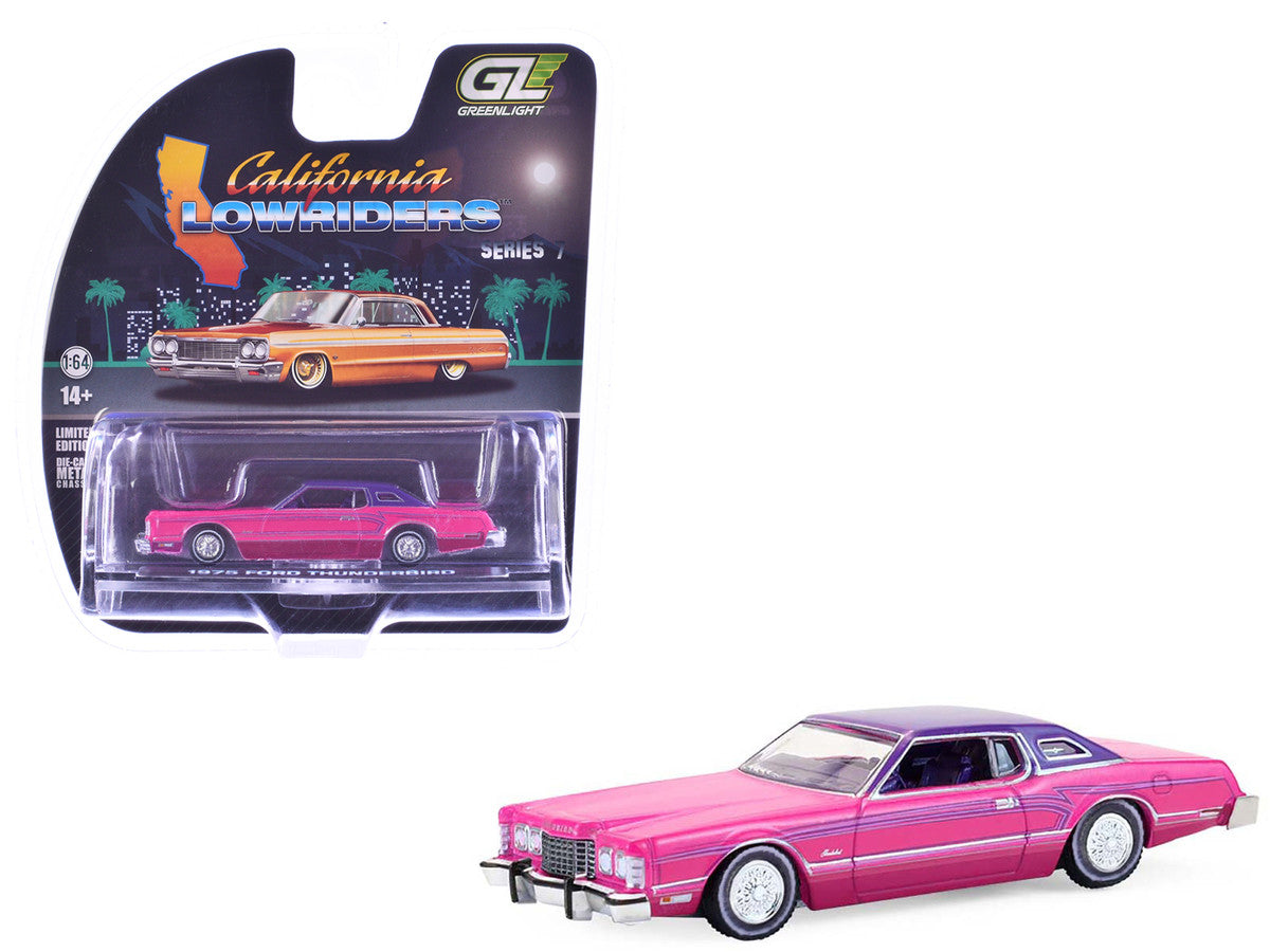 1975 Ford Thunderbird Lowrider Pink Metallic with Purple Top and Graphics with Purple Interior "California Lowriders" Series 7 1/64 Diecast Model Car by Greenlight by Greenlight