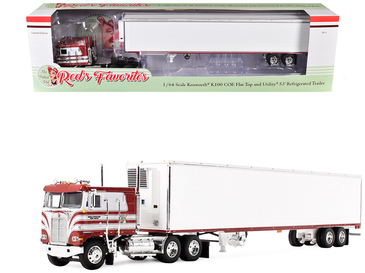 Kenworth K100 COE Flat Top and 53' Utility Trailer with Reefer "Red's Favorites - Jim Skrinar" Red with White Stripes 1/64 Diecast Model by DCP/First Gear by First Gear