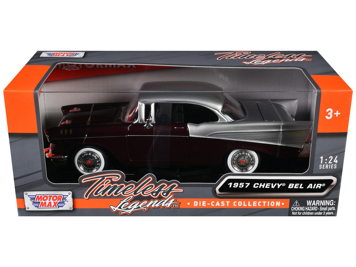 1957 Chevrolet Bel Air Burgundy Metallic and Silver Metallic "Timeless Legends" Series 1/24 Diecast Model Car by Motormax by Motormax