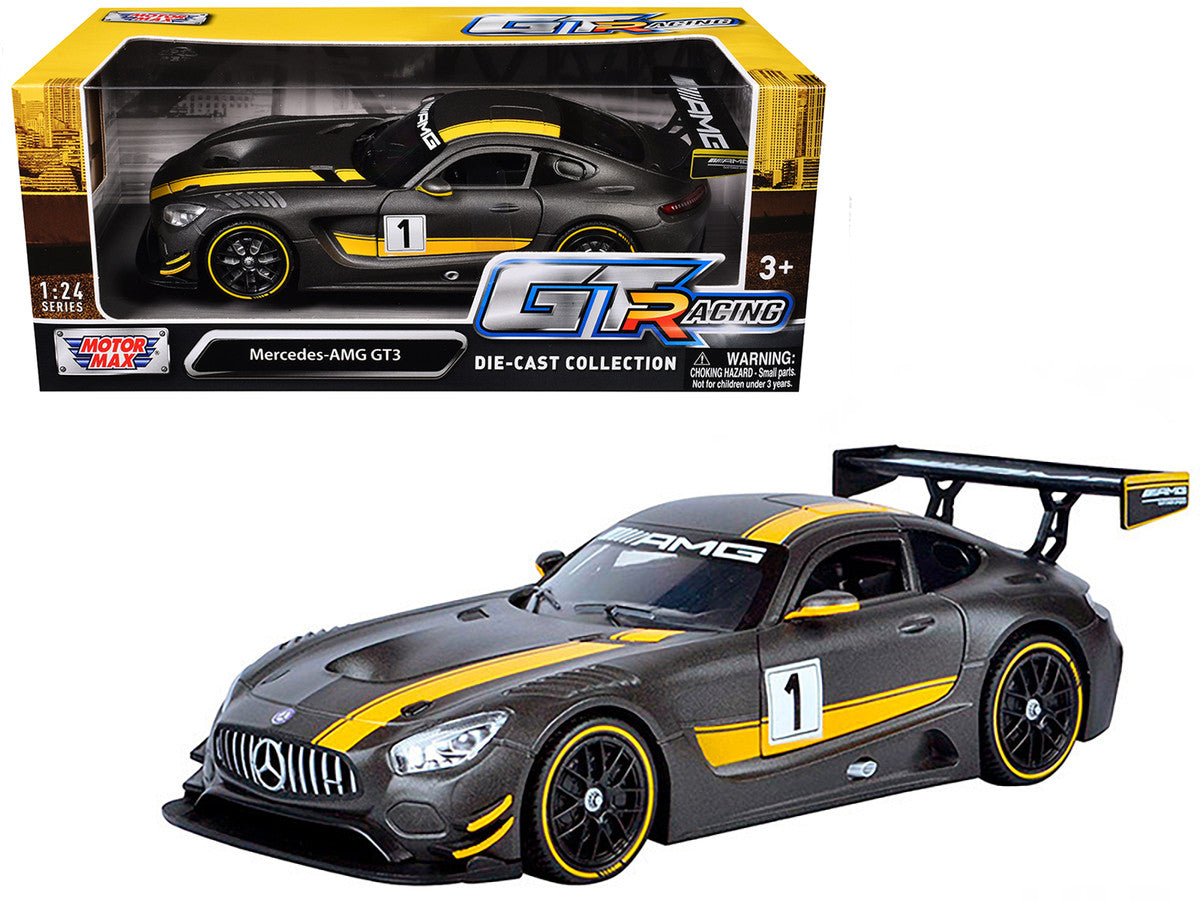 Mercedes AMG GT3 #1 Matt Gray with Yellow Stripes "GT Racing" 1/24 Diecast Model Car by Motormax by Motormax