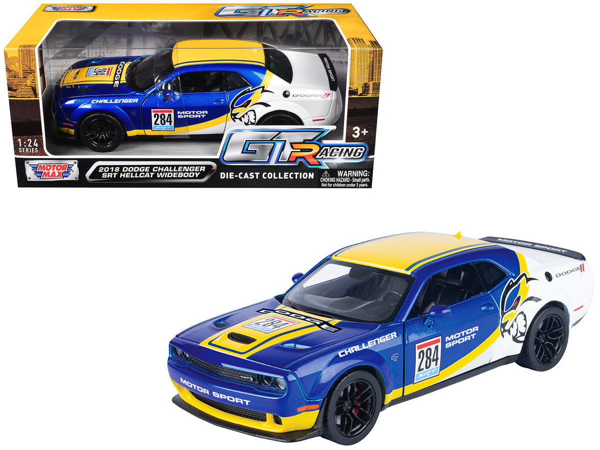 2018 Dodge Challenger SRT Hellcat Widebody #284 Blue Metallic and White with Yellow Graphics "GT Racing" Series 1/24 Diecast Model Car by Motormax by Motormax
