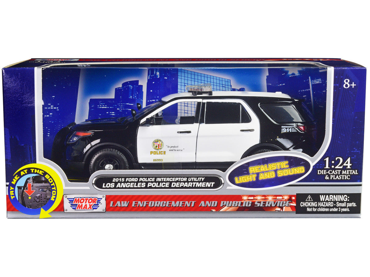 2015 Ford Police Interceptor Utility Black and White "Los Angeles Police Department (LAPD)" with Flashing Light Bar and Front and Rear Lights and Sounds 1/24 Diecast Model Car by Motormax by Motormax