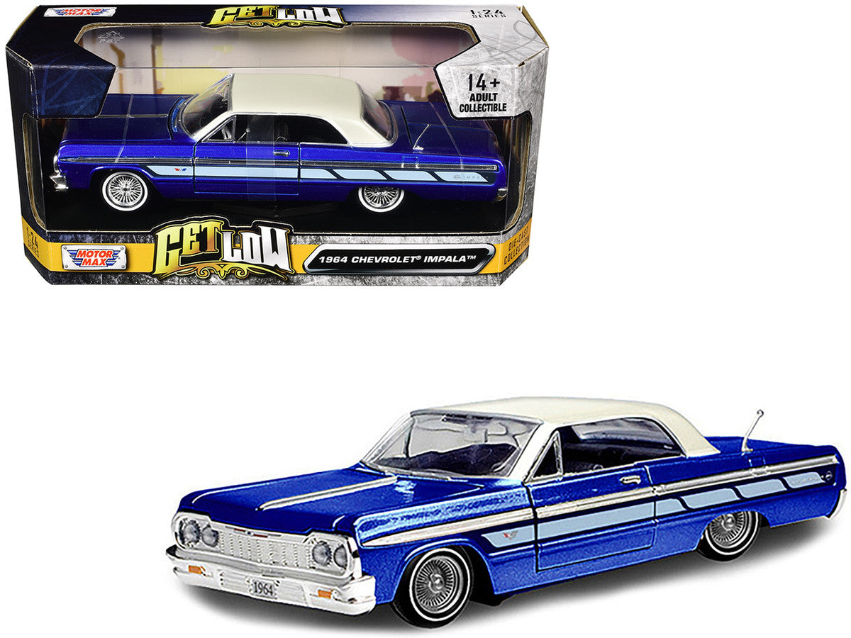 1964 Chevrolet Impala Lowrider Hard Top Candy Blue Metallic with Cream Top "Get Low" Series 1/24 Diecast Model Car by Motormax by Motormax