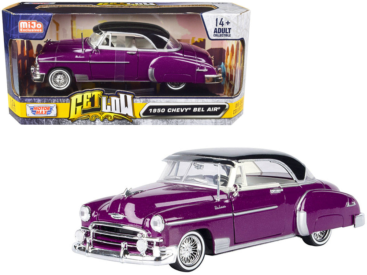 1950 Chevrolet Bel Air Lowrider Purple Metallic with Black Top and White Interior "Get Low" Series 1/24 Diecast Model Car by Motormax by Motormax