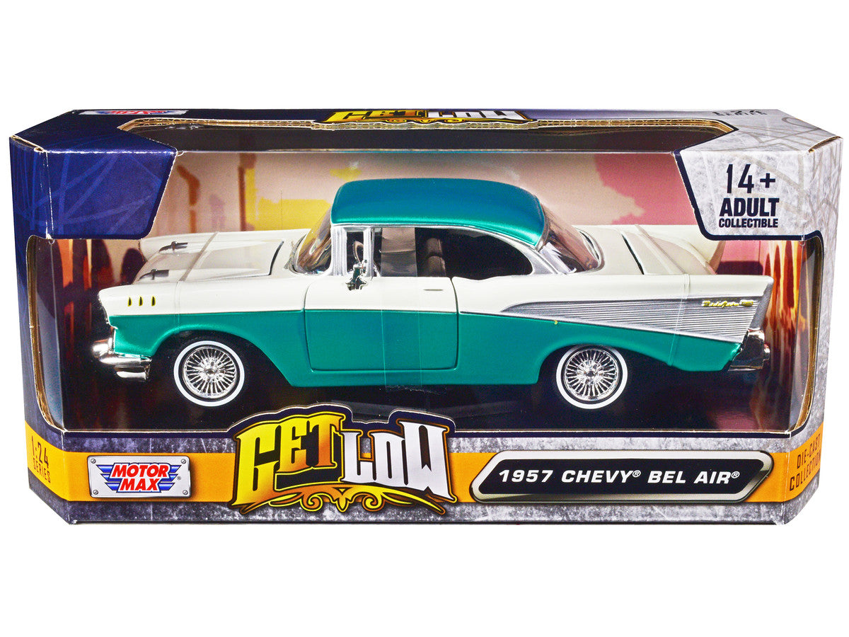 1957 Chevrolet Bel Air Lowrider Turquoise Metallic and White "Get Low" Series 1/24 Diecast Model Car by Motormax by Motormax