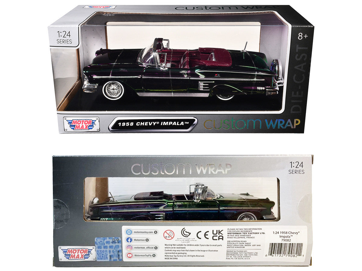 1958 Chevrolet Impala Green and Purple Chrome "Custom Wrap" Series 1/24 Diecast Model Car by Motormax by Motormax