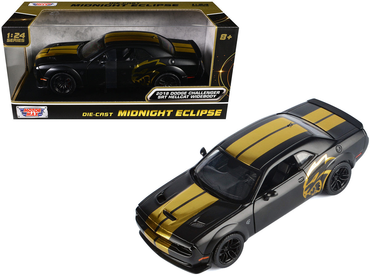 2018 Dodge Challenger SRT Hellcat Widebody Matt Black with Gold Stripes and Graphics "Midnight Eclipse" Series 1/24 Diecast Model Car by Motormax by Motormax