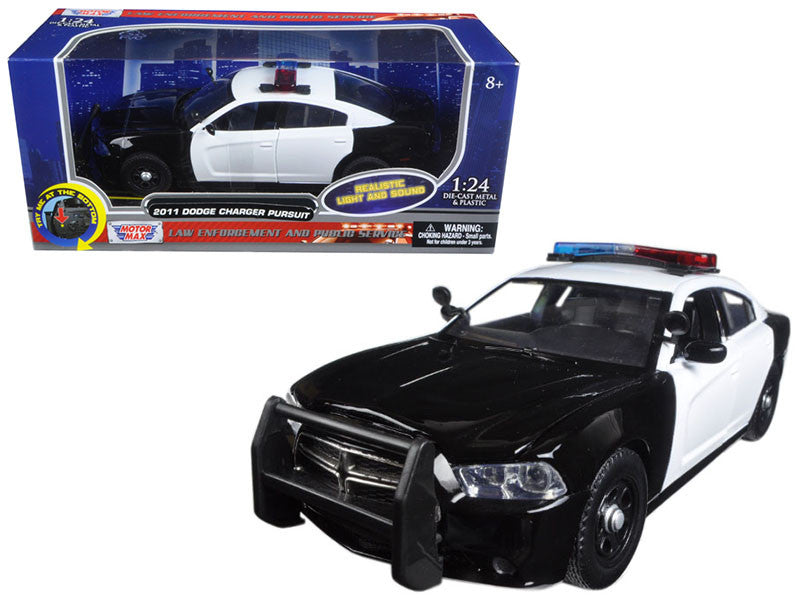 2011 Dodge Charger Pursuit Police Car Black and White with Flashing Light Bar and Front and Rear Lights and 2 Sounds 1/24 Diecast Model Car by Motormax by Motormax