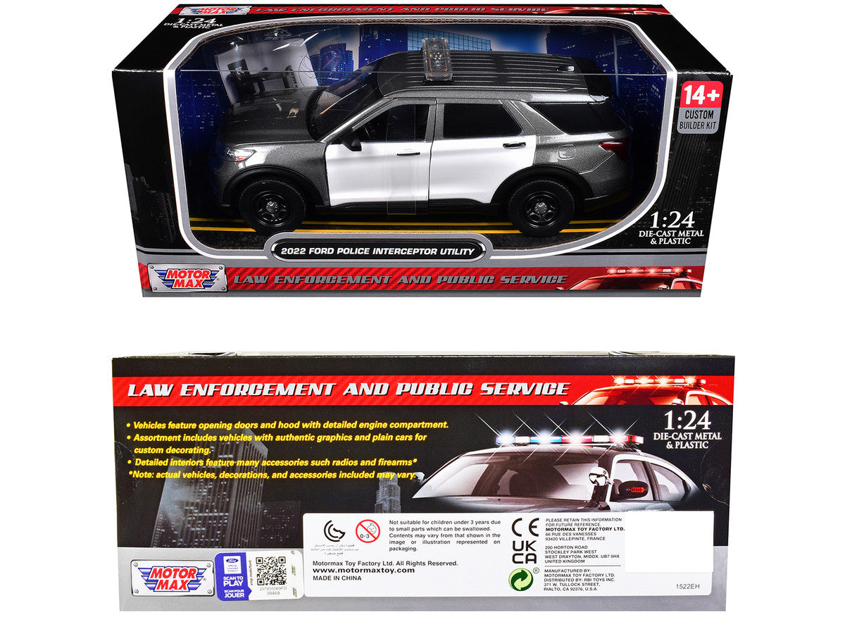 2022 Ford Police Interceptor Utility Gray Metallic with White Doors "Builder's Kit" with Flashing Light Bar and Front and Rear Lights and Sounds 1/24 Diecast Model Car by Motormax by Motormax