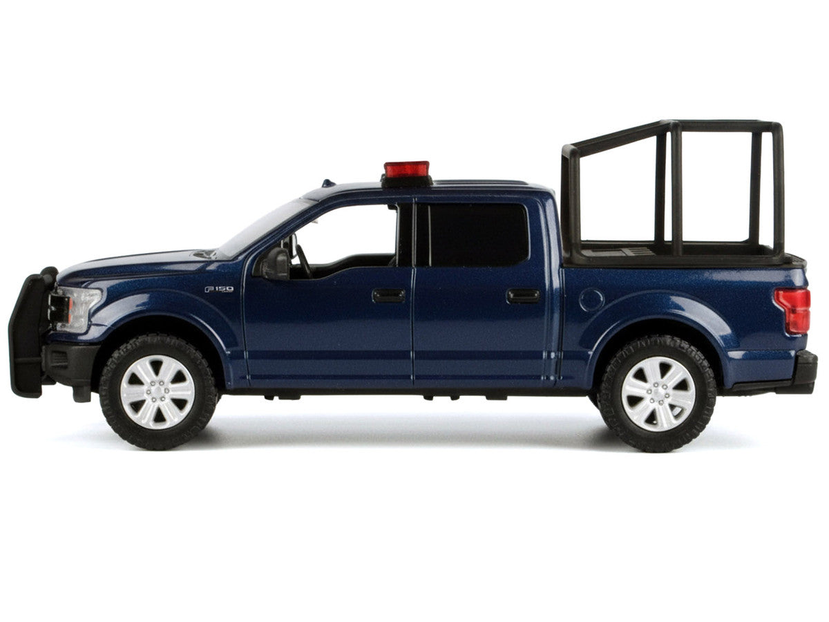2019 Ford F-150 Lariat Crew Cab Pickup Truck with Bed Cage Dark Blue with Flashing Light Bar and Front and Rear Lights and Sounds 1/24-1/27 Diecast Model Car by Motormax by Motormax