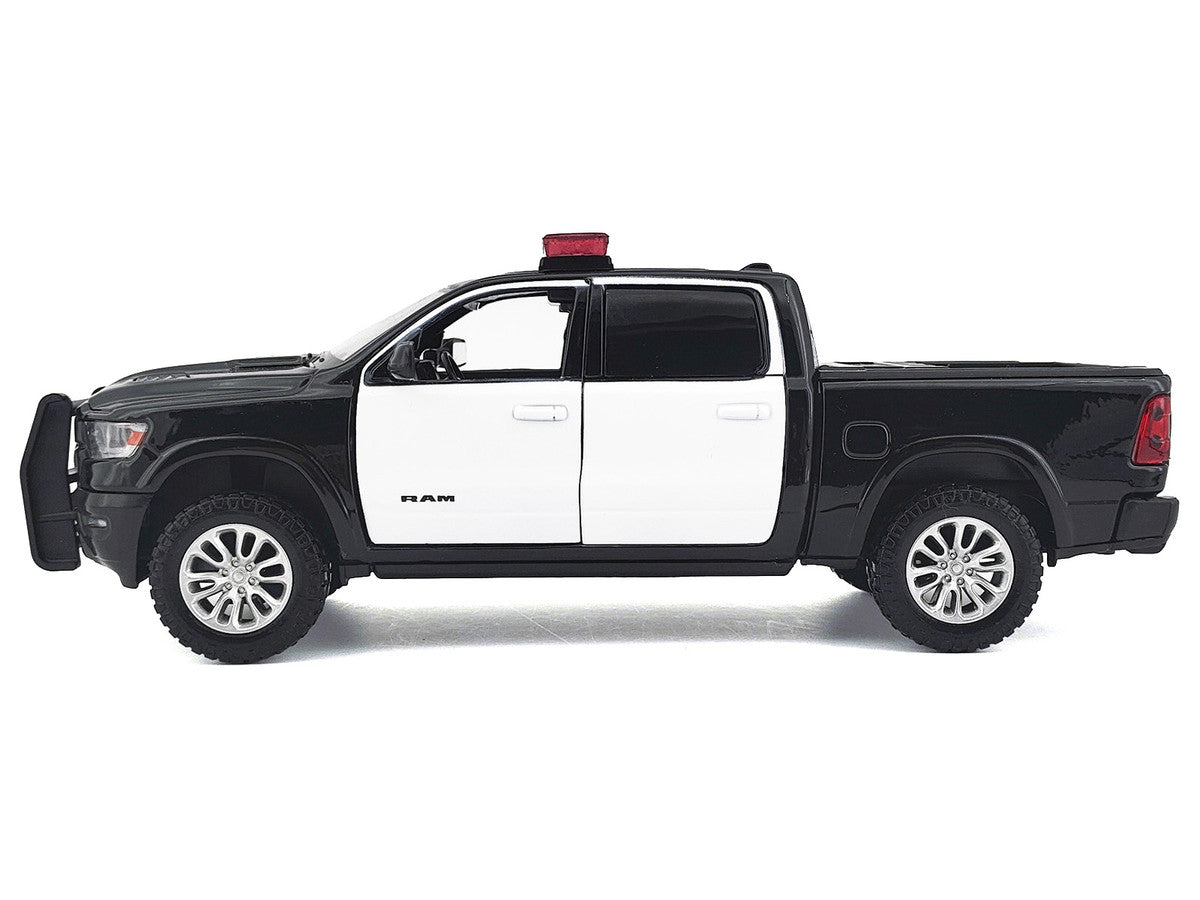 2019 RAM 1500 Laramie Crew Cab Pickup Truck Black and White with Flashing Light Bar and Front and Rear Lights and Sounds 1/24-1/27 Diecast Model Car by Motormax by Motormax