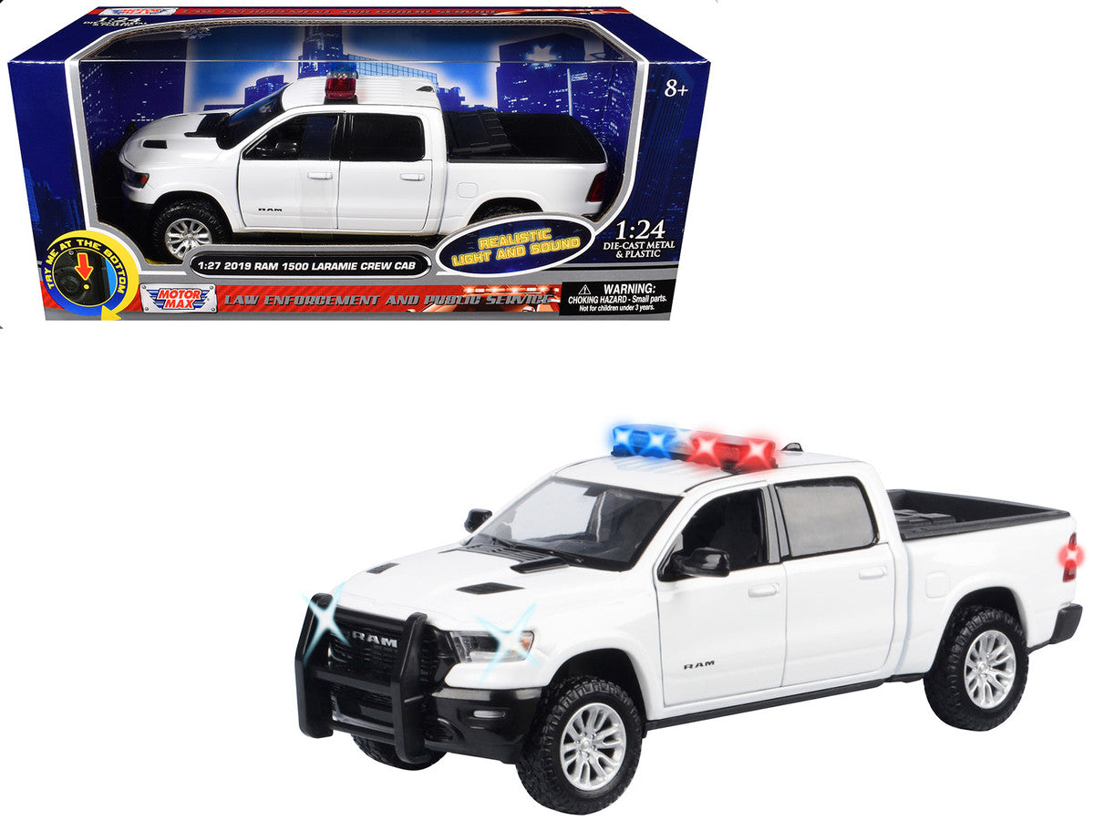 2019 RAM 1500 Laramie Crew Cab Pickup Truck White with Flashing Light Bar and Front and Rear Lights and Sounds 1/24-1/27 Diecast Model Car by Motormax