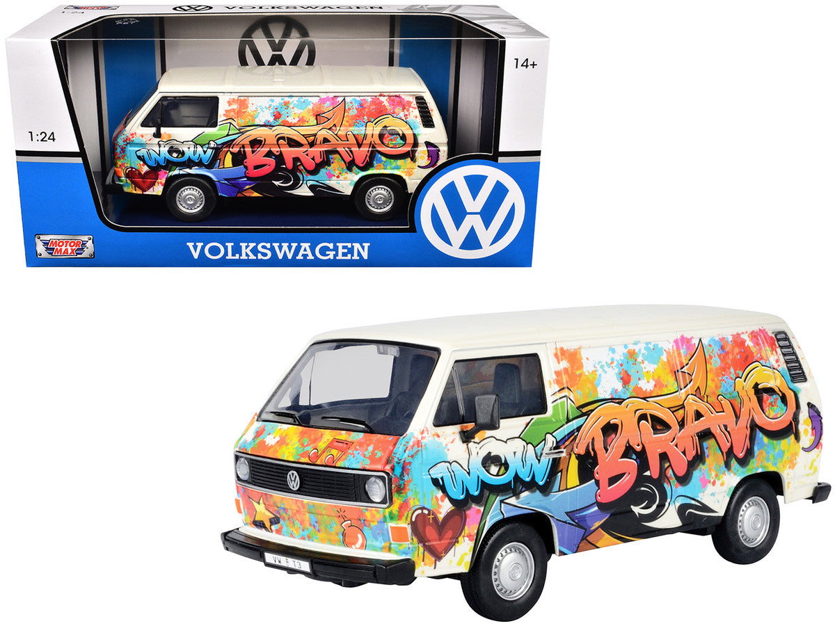 Volkswagen Type 2 (T3) Van White Metallic with Graffiti Graphics 1/24 Diecast Model Car by Motormax by Motormax