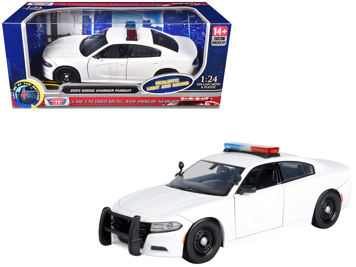 2023 Dodge Charger Pursuit Police Car Unmarked White with Flashing Light Bar Front and Rear Lights and 2 Sounds "Builder's Kit" 1/24 Diecast Model Car by Motormax by Motormax