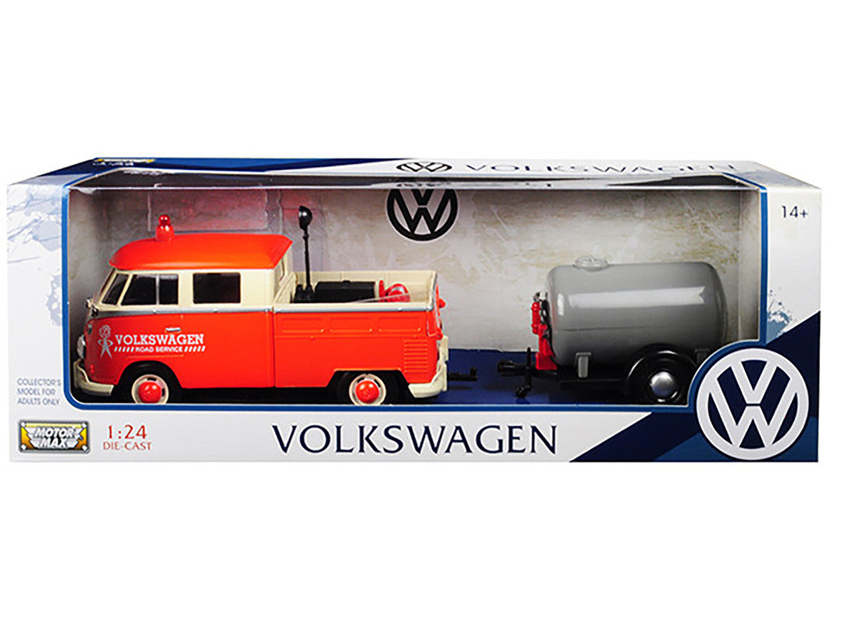 Volkswagen Type 2 (T1) Pickup Truck Orange and Cream with Oil Trailer "Road Service" 1/24 Diecast Model Car by Motormax by Motormax