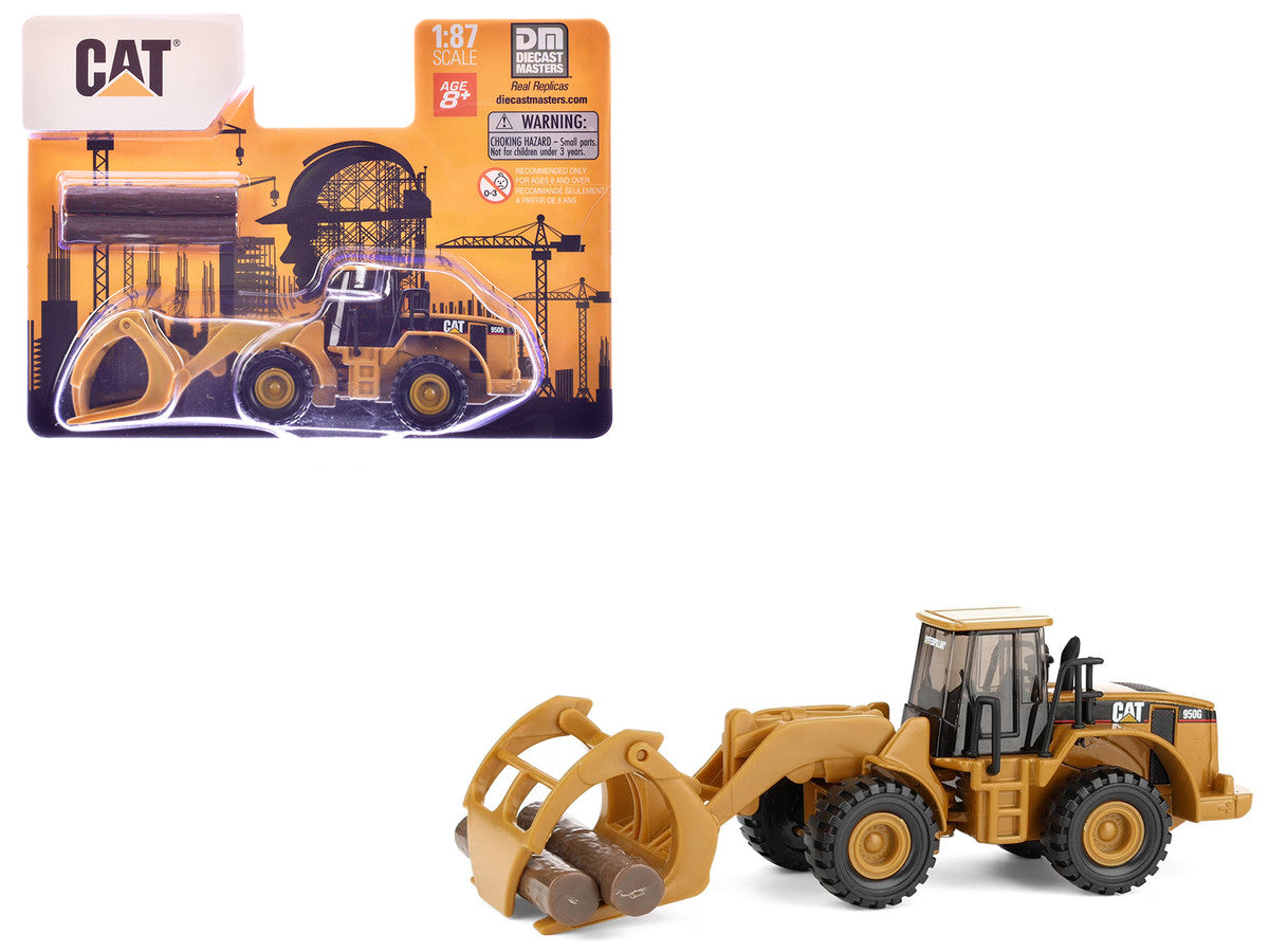 CAT Caterpillar 950G Wheel Loader Yellow with Log Fork and Wood Log Accessories 1/87 (HO) Diecast Model by Diecast Masters by Diecast Masters