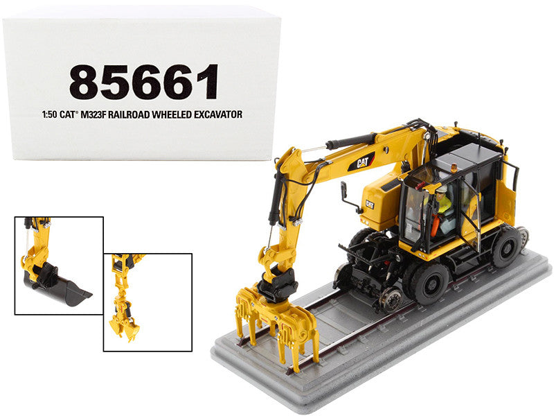 CAT Caterpillar M323F Railroad Wheeled Excavator with Operator and 3 Work Tools Safety Yellow Version "High Line Series" 1/50 Diecast Model by Diecast Masters by Diecast Masters