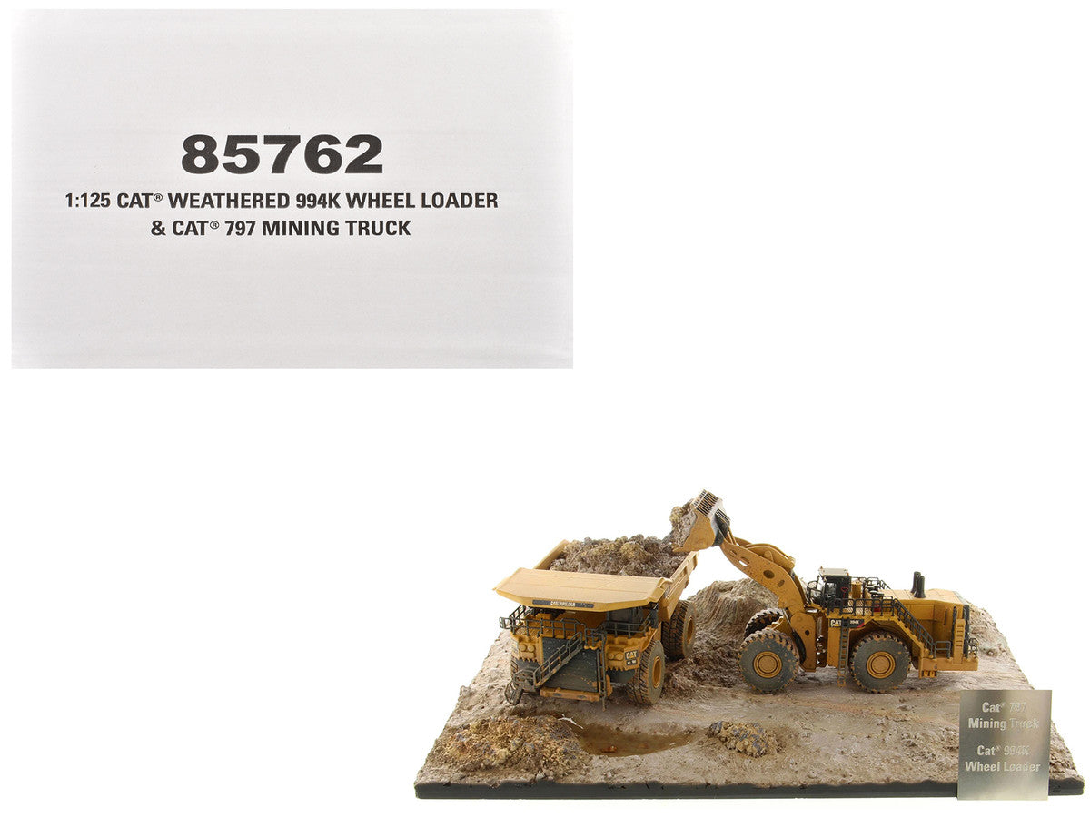 CAT Caterpillar 994K Wheel Loader and 797 Mining Truck Yellow (Weathered) Set of 2 Pieces "Weathered Series" 1/125 Diecast Model by Diecast Masters by Diecast Masters