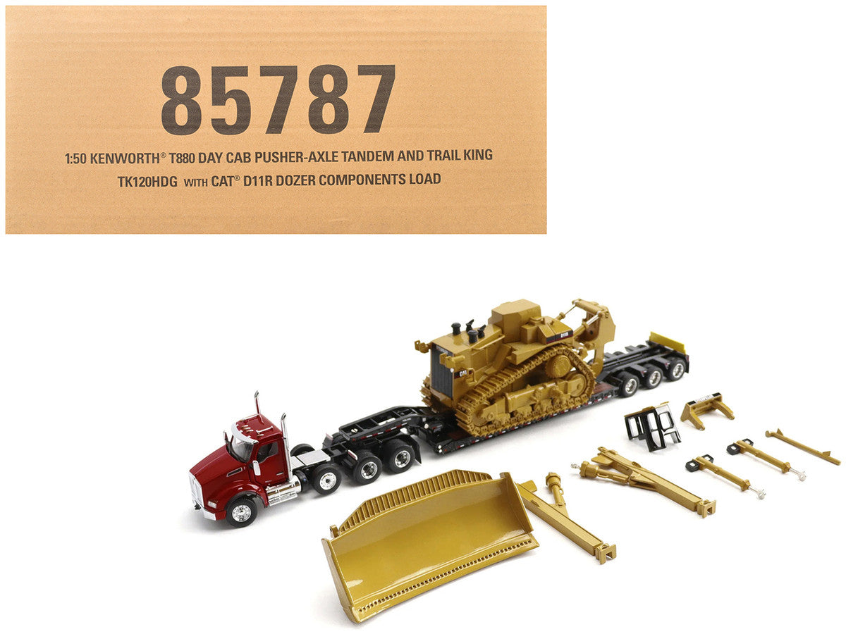 Kenworth T880 Day Cab Red and Trail King TK120 Lowboy Trailer with CAT Caterpillar D11R Dozer and Components Load "Transport Series" 1/50 Diecast Model by Diecast Masters by Diecast Masters