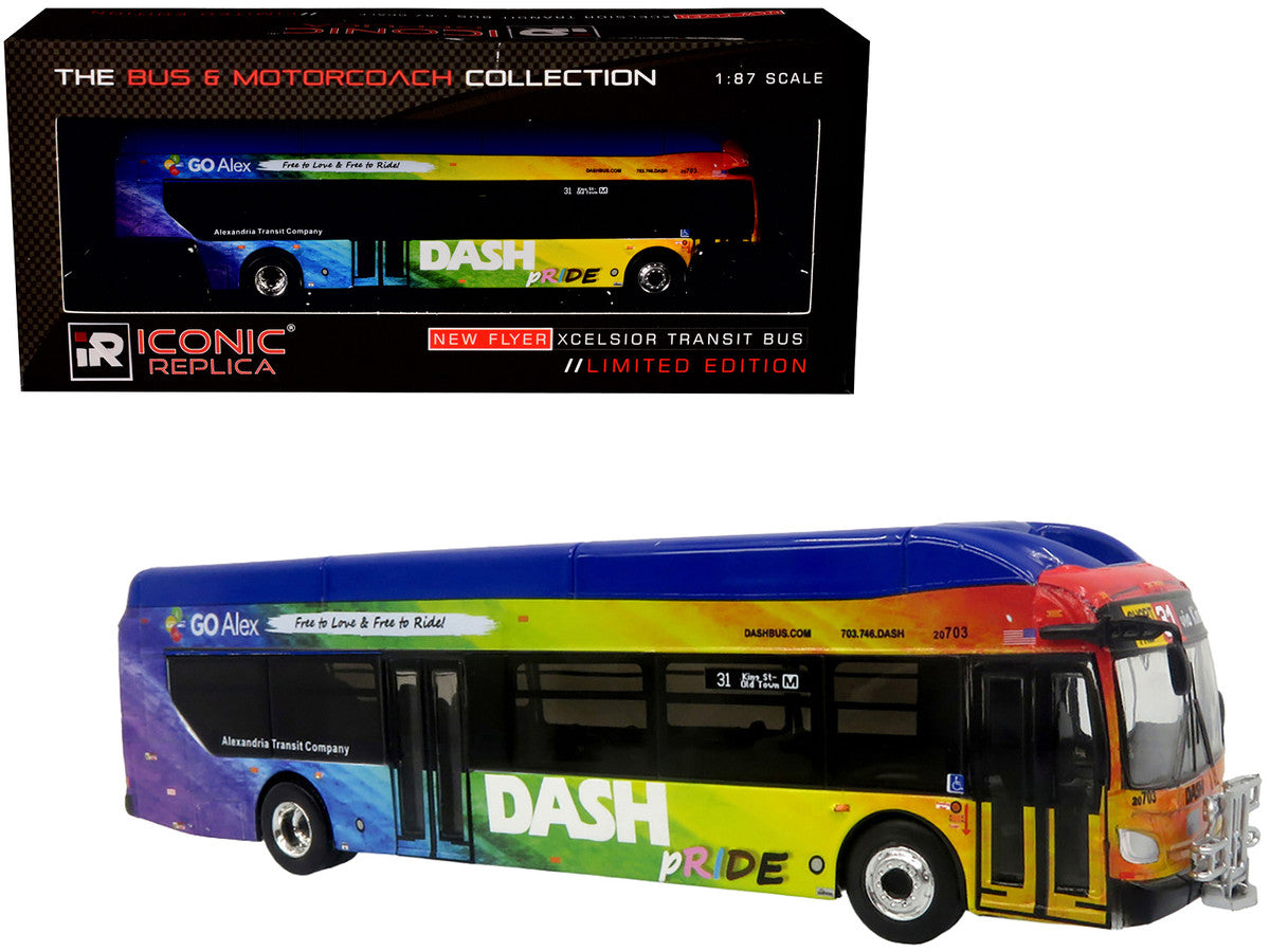 New Flyer Xcelsior XN40 Transit Bus "DASH Pride Livery" Blue with Rainbow Graphics "The Bus & Motorcoach Collection" Limited Edition 1/87 (HO) Diecast Model by Iconic Replicas by Iconic Replicas