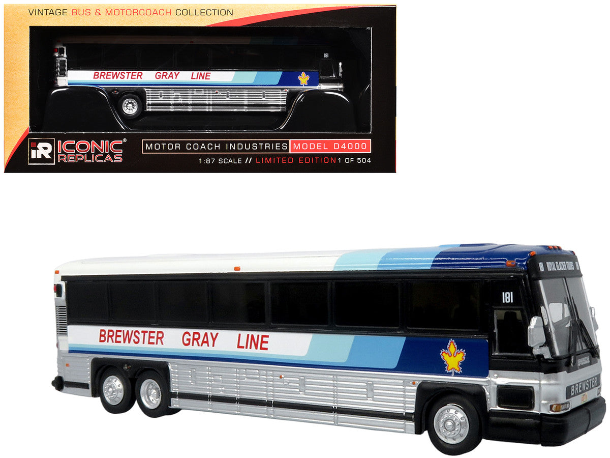 2001 MCI D4000 Coach Bus "Brewster Gray Line" White with Blue Stripes "Vintage Bus & Motorcoach Collection" Limited Edition to 504 pieces Worldwide 1/87 (HO) Diecast Model by Iconic Replicas by Iconic Replicas