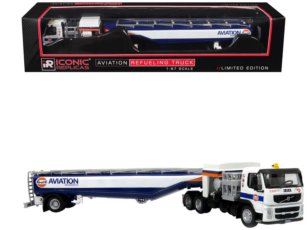Volvo FM500 with Esterer Aviation Refueling Tanker Truck "Gulf Aviation" White with Blue Stripes Limited Edition 1/87 (HO) Diecast Model by Iconic Replicas by Iconic Replicas