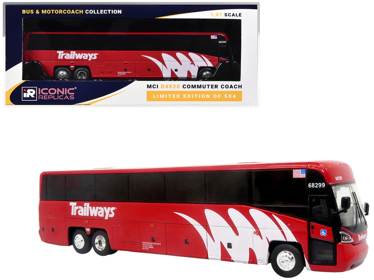 MCI D4520 Commuter Coach Bus "Burlington Trailways" Red with White Graphics "The Bus & Motorcoach Collection" Limited Edition to 504 pieces Worldwide 1/87 (HO) Scale Diecast Model by Iconic Replicas by Iconic Replicas