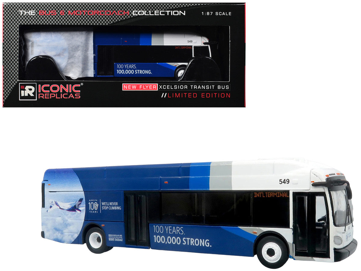 New Flyer Xcelsior XN40 Transit Bus "Delta Air Lines 100th Anniversary" Blue and White with Graphics "The Bus & Motorcoach Collection" Limited Edition 1/87 (HO) Scale Diecast Model by Iconic Replicas by Iconic Replicas