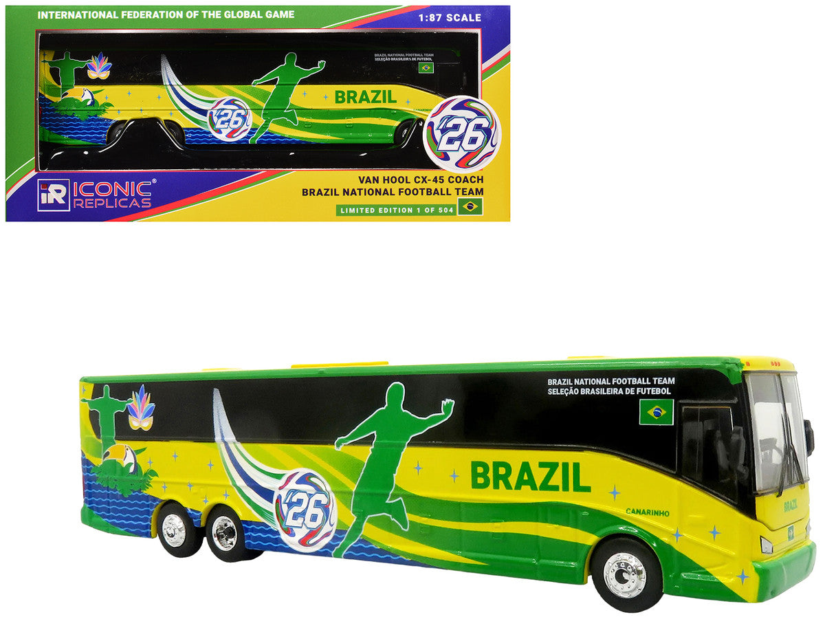Van Hool CX-45 Coach Bus "Brazil National Football Team" Yellow and Green with Graphics "International Federation of the Global Game" Series Limited Edition to 504 pieces Worldwide 1/87 (HO) Diecast Model by Iconic Replicas by Iconic Replicas