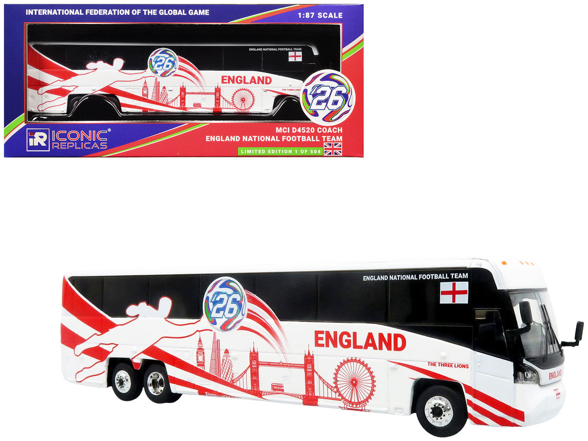 MCI D4520 Coach Bus "England National Football Team" White with Graphics "International Federation of the Global Game" Series Limited Edition to 504 pieces Worldwide 1/87 (HO) Diecast Model by Iconic Replicas by Iconic Replicas