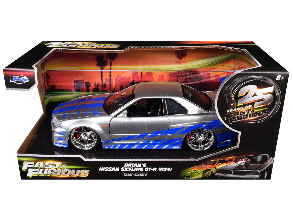 Brian's Nissan GTR Skyline R34 RHD (Right Hand Drive) Silver with Blue Stripes "Fast & Furious 25th Anniversary" 1/24 Diecast Model Car by Jada by Jada