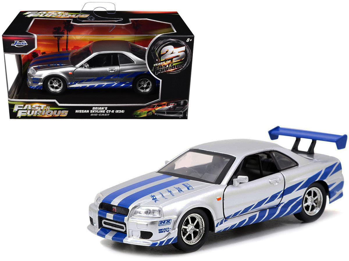 Brian's Nissan Skyline GT-R (R34) RHD (Right Hand Drive) Silver Metallic with Blue Stripes "2 Fast 2 Furious" (2003) Movie "Fast & Furious 25th Anniversary" Series 1/32 Diecast Car Model by Jada by Jada