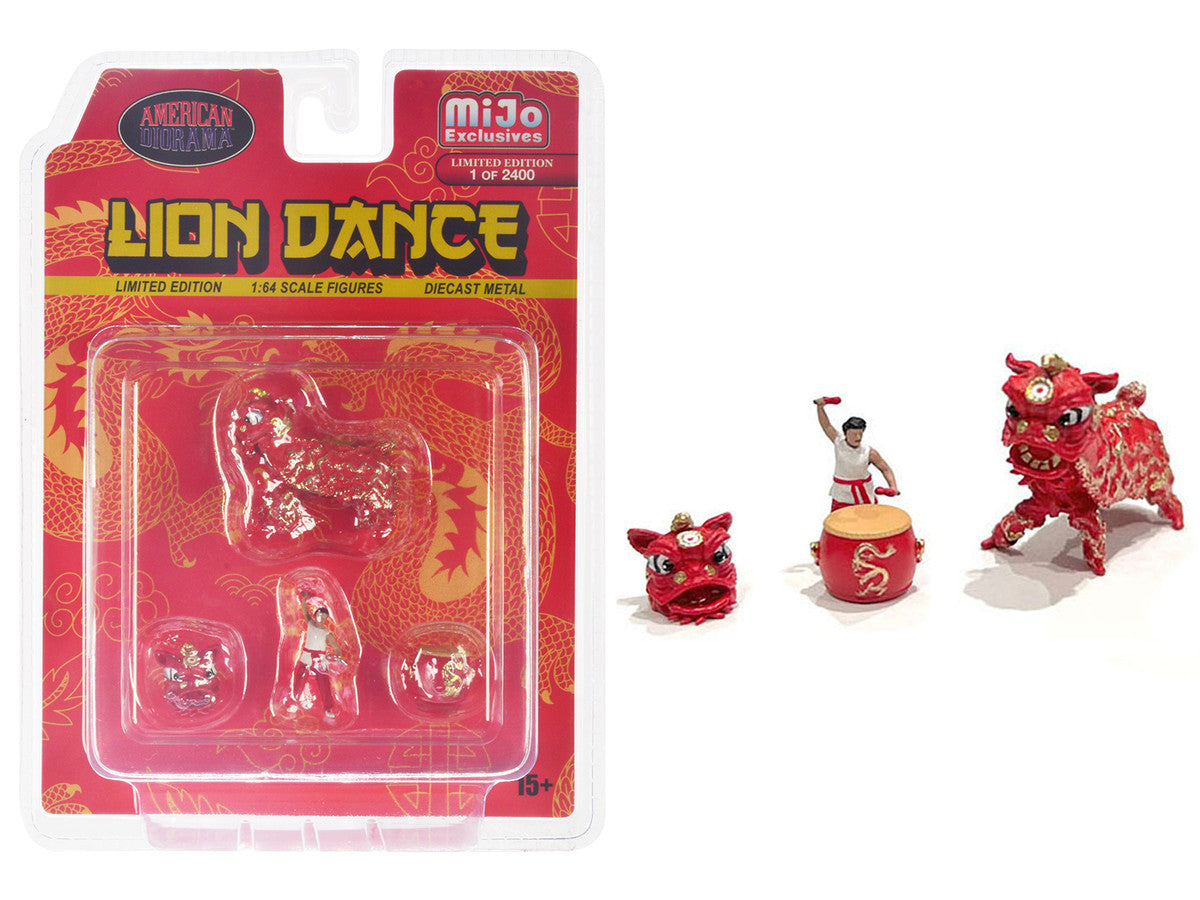 "Lion Dance" 4 piece Diecast Figure Set (1 Figures 1 Lion 2 Accessories) Limited Edition to 2400 pieces Worldwide for 1/64 Scale Models by American Diorama by American Diorama