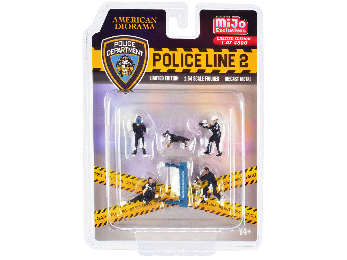 "Police Line 2" 6 piece Diecast Set (4 Police Figures 1 Dog Figure and 1 Accessory) Limited Edition to 4800 pieces Worldwide for 1/64 Scale Models by American Diorama by American Diorama
