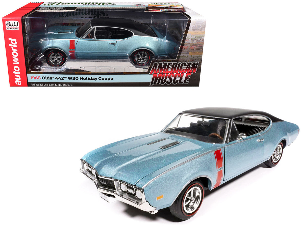 1968 Oldsmobile 442 W30 Holiday Coupe Teal Frost Metallic with Red Stripes and Black Vinyl Top "Hemmings Motor News July 2023 Cover Car" "American Muscle" Series 1/18 Diecast Model Car by Auto World by Autoworld
