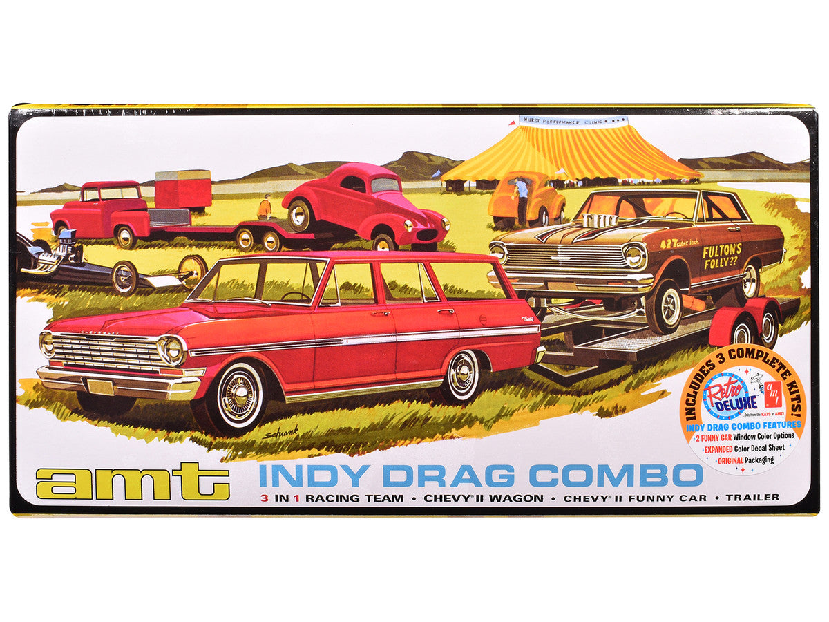 Skill 2 Model Kit Indy Drag Combo Chevrolet II Wagon and Funny Car with Trailer 3 in 1 Set 1/25 Scale Model by AMT by AMT