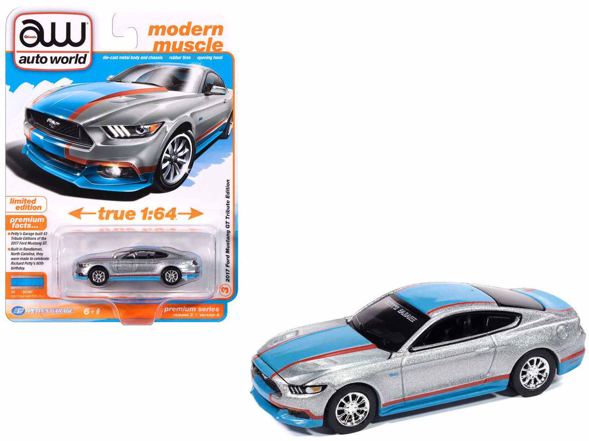 2017 Ford Mustang GT Tribute Edition "Petty's Garage" Ingot Silver Metallic with Petty Blue and Red Stripes "Modern Muscle" Series 1/64 Diecast Model Car by Auto World by Autoworld