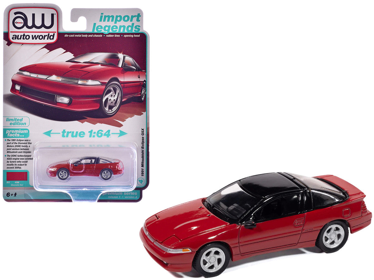 1991 Mitsubishi Eclipse GSX Maranello Red with Black Top "Import Legends" Series 1/64 Diecast Model Car by Auto World by Autoworld