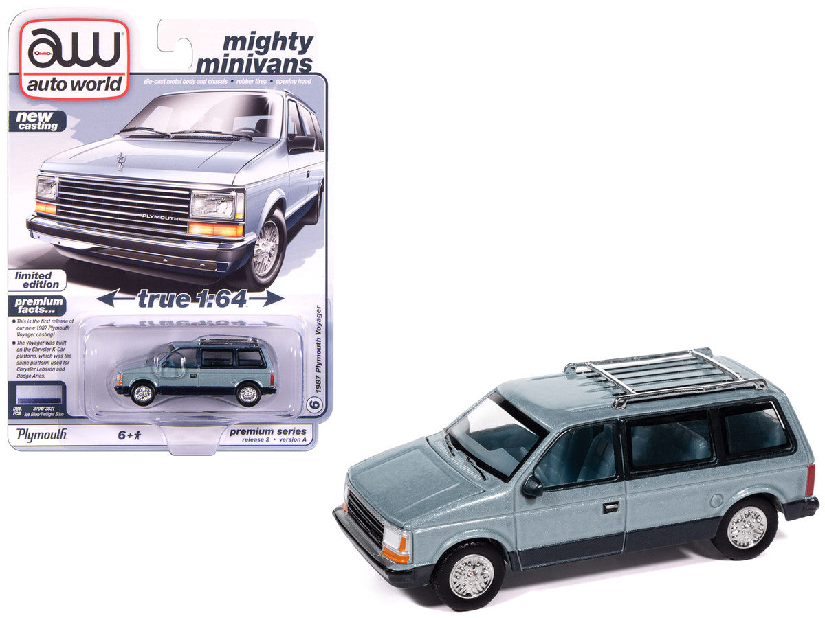 1987 Plymouth Voyager Van Ice Blue Metallic and Twilight Blue Metallic 2-Tone with Blue Interior "Mighty Minivans" Series 1/64 Diecast Model Car by Auto World by Autoworld