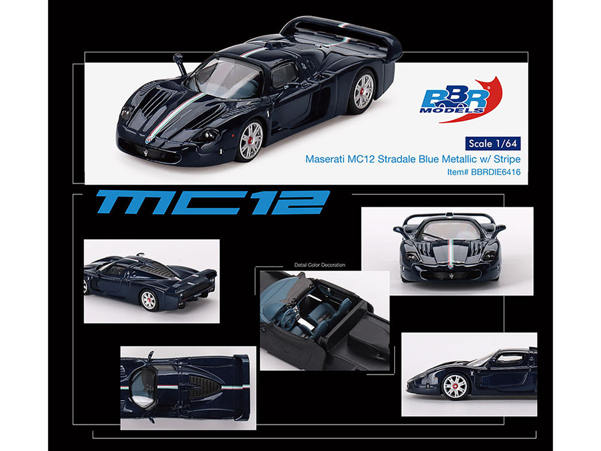 Maserati MC12 Stradale Blue Metallic with White Stripe 1/64 Diecast Model Car by BBR by BBR