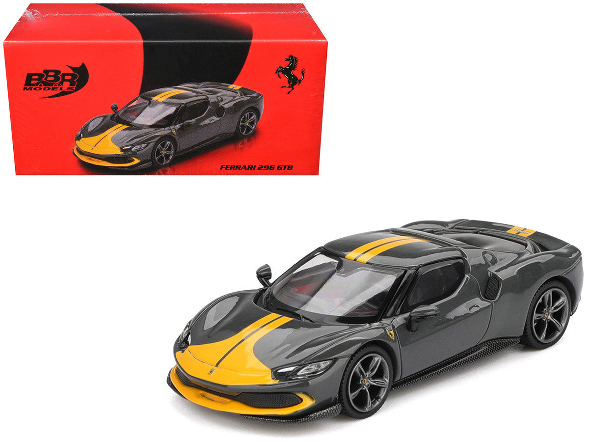 Ferrari 296 GTB Assetto Fiorano Grigio Scuro (Dark Gray) with Yellow Stripes 1/64 Diecast Model Car by BBR by BBR