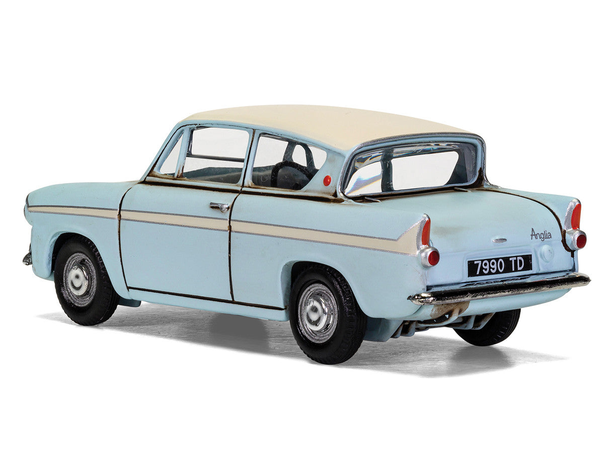 Flying Ford Anglia RHD (Right Hand Drive) Light Blue with White Top (Weathered) with Harry and Ron Figures "Harry Potter" Movie Series Diecast Model by Corgi by Corgi