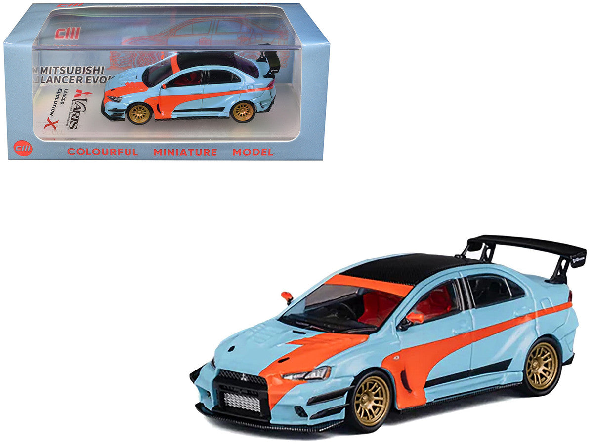 Mitsubishi Lancer Evolution X Varis RHD (Right Hand Drive) Light Blue with Black Top and Orange Stripes 1/64 Diecast Model Car by CM Model by CM Models