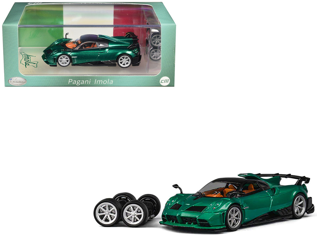 Pagani Imola Emerald Green Metallic with Carbon Top and Extra Wheels 1/64 Diecast Model Car by CM Model by CM Models