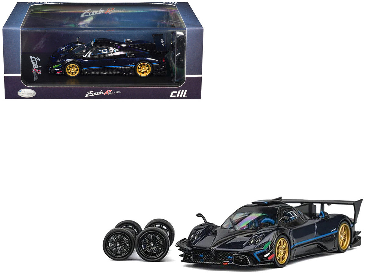 Pagani Zonda Revolucion Dark Blue Metallic and Carbon with Extra Wheels 1/64 Diecast Model Car by CM Model by CM Models