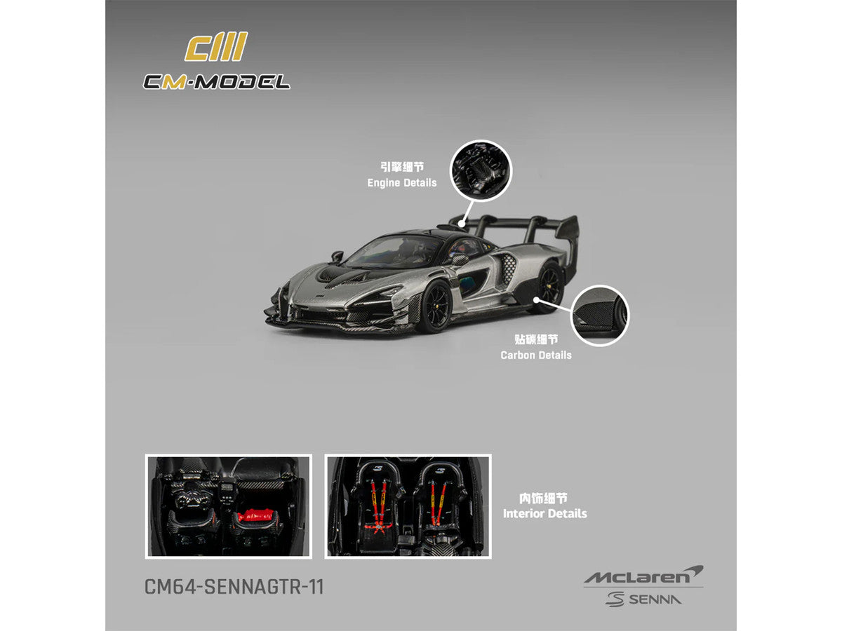 McLaren Senna GTR Silver Gray Metallic with Carbon Hood and Black Top 1/64 Diecast Model Car by CM Model by CM Models