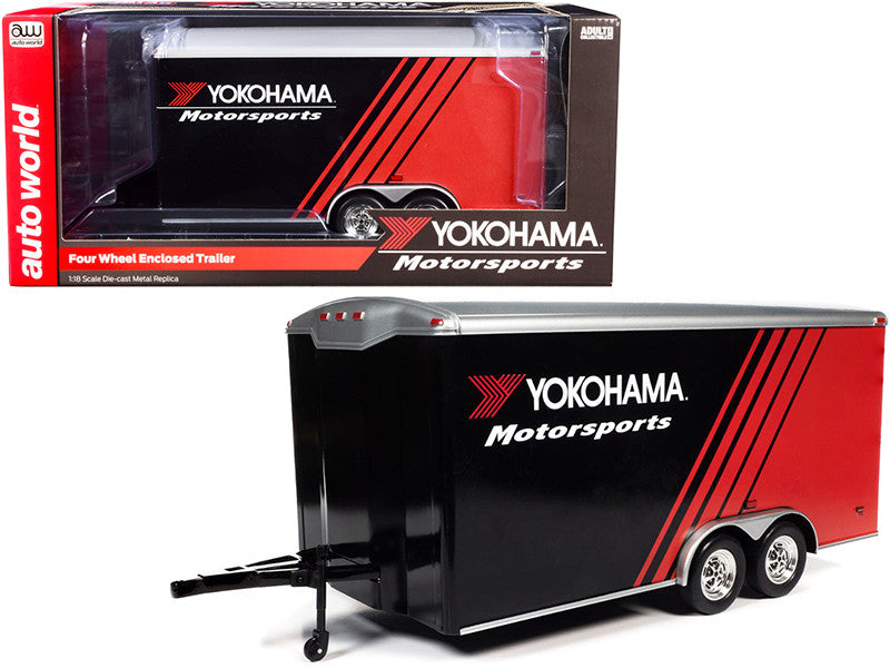 Four Wheel Enclosed Car Trailer "Yokohama Motorsports" Black and Red for 1/18 Scale Model Cars by Auto World by Autoworld