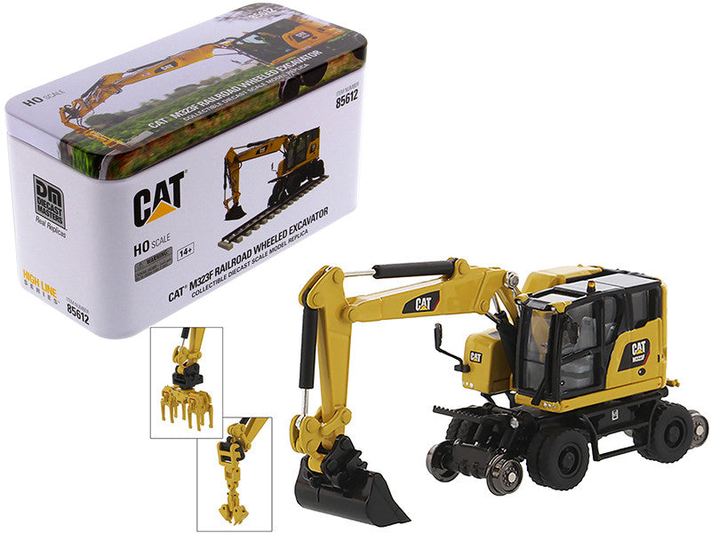 CAT Caterpillar M323F Railroad Wheeled Excavator with 3 Accessories (Safety Yellow Version) "High Line" Series 1/87 (HO) Scale Diecast Model by Diecast Masters by Diecast Masters